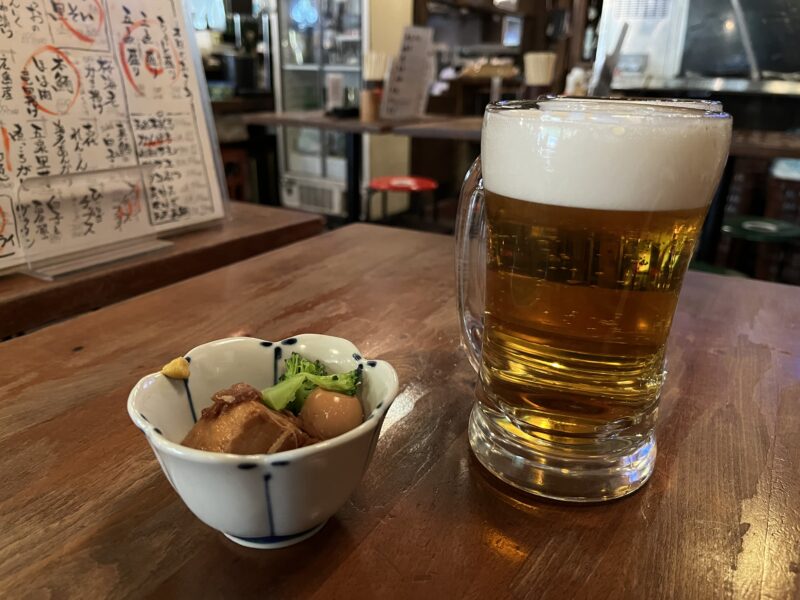 今村商店のお通しとハッピー生ビール