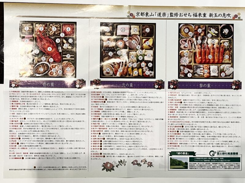 福来重「新玉の息吹」三段重 お品書き